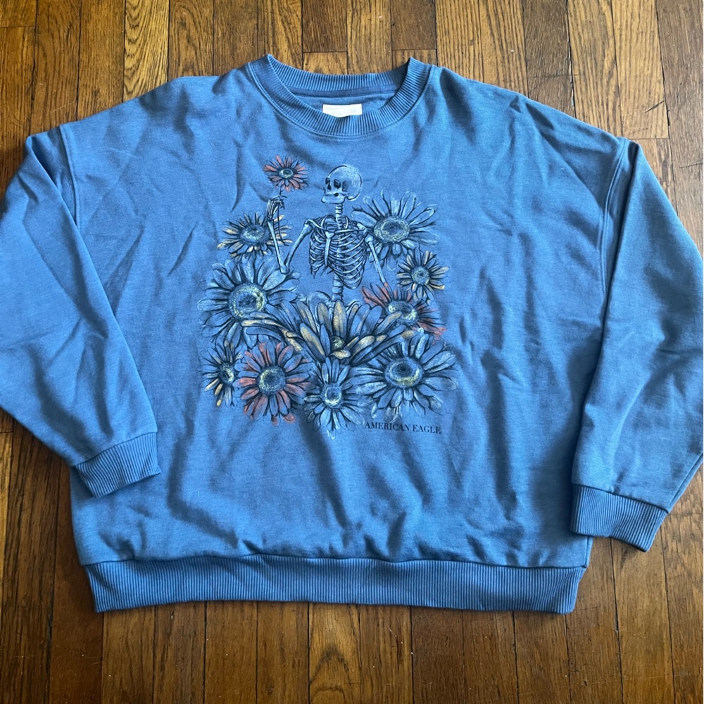 American Eagle Outfitters Blue Skeleton Floral Crewneck Sweater